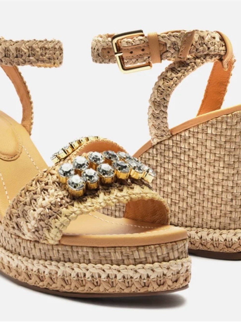 Braided Tan Wedge Sandals with Crystal Strap - Picture 11 of 12